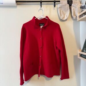 VTG Sage Harbor Red Button Front Cardigan Sweater Pockets Size L 100% Wool